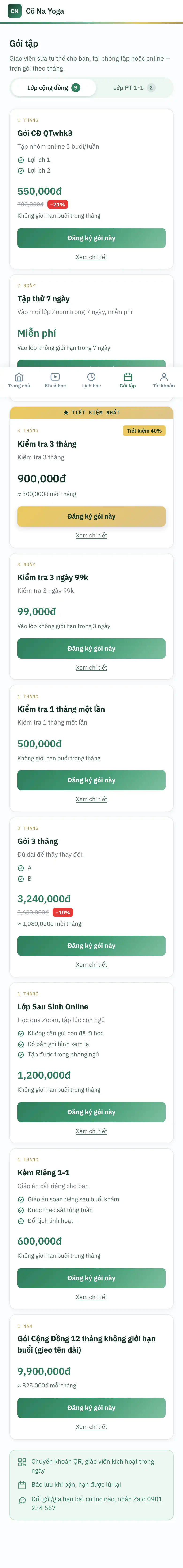 Danh sách gói tập trên điện thoại: hai nút Lớp cộng đồng / Lớp PT 1-1, mỗi gói một thẻ có nhãn thời hạn, giá, nút đăng ký và Xem chi tiết