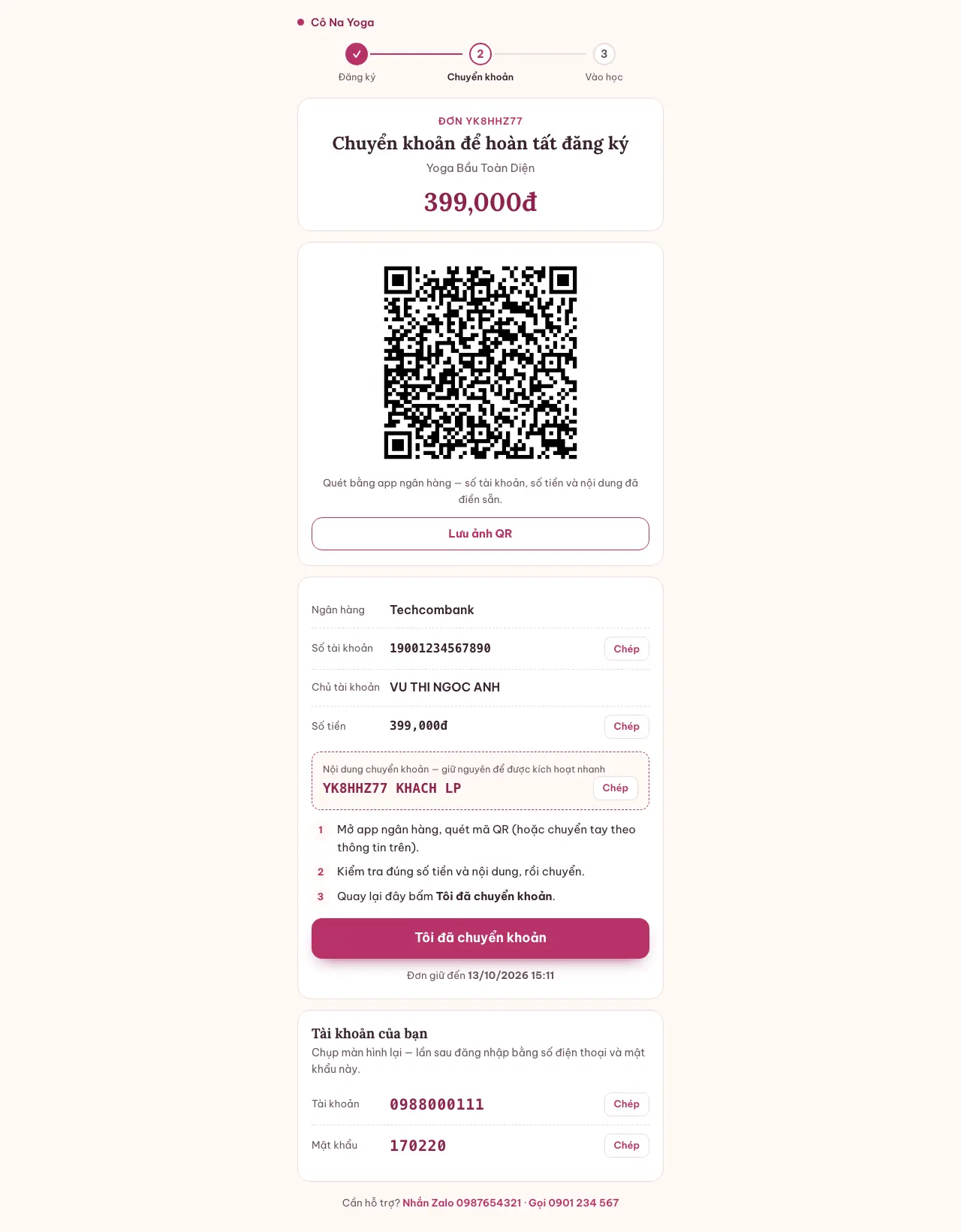 Màn chuyển khoản của trang quảng cáo: thanh 3 bước, QR, Lưu ảnh QR, các nút Chép, nút Tôi đã chuyển khoản, khung Tài khoản của bạn