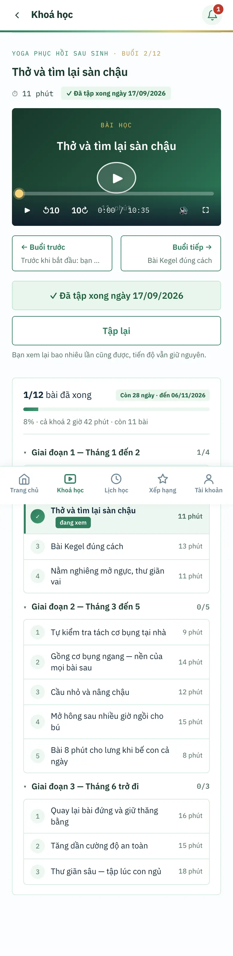 Màn bài học trên điện thoại: trình phát với ↺10, 10↻, loa, ⛶ và hai nút Buổi trước / Buổi tiếp