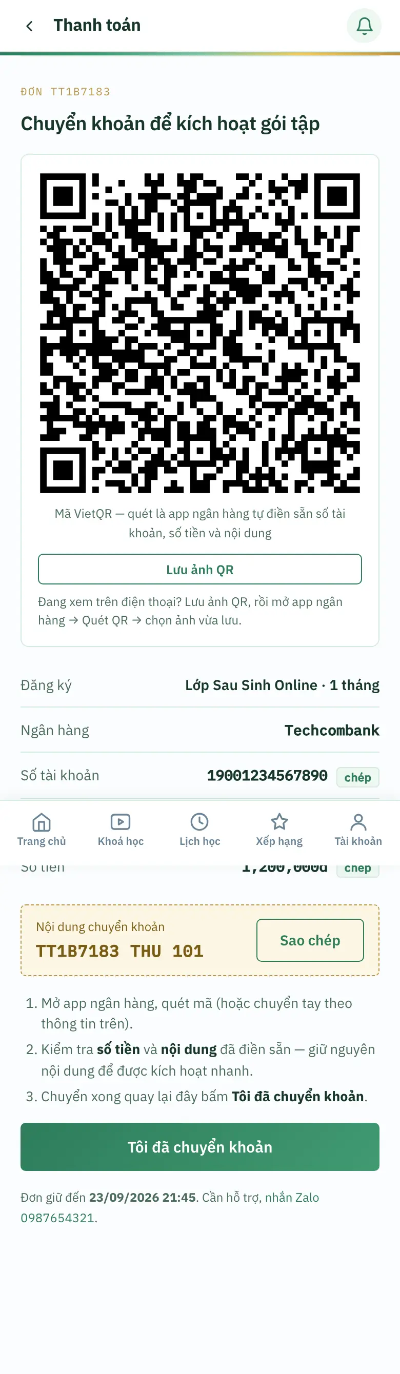 Màn chuyển khoản gói tập trên điện thoại: mã QR, nút Lưu ảnh QR, thông tin tài khoản có nút chép, ô Nội dung chuyển khoản với nút Sao chép và nút Tôi đã chuyển khoản
